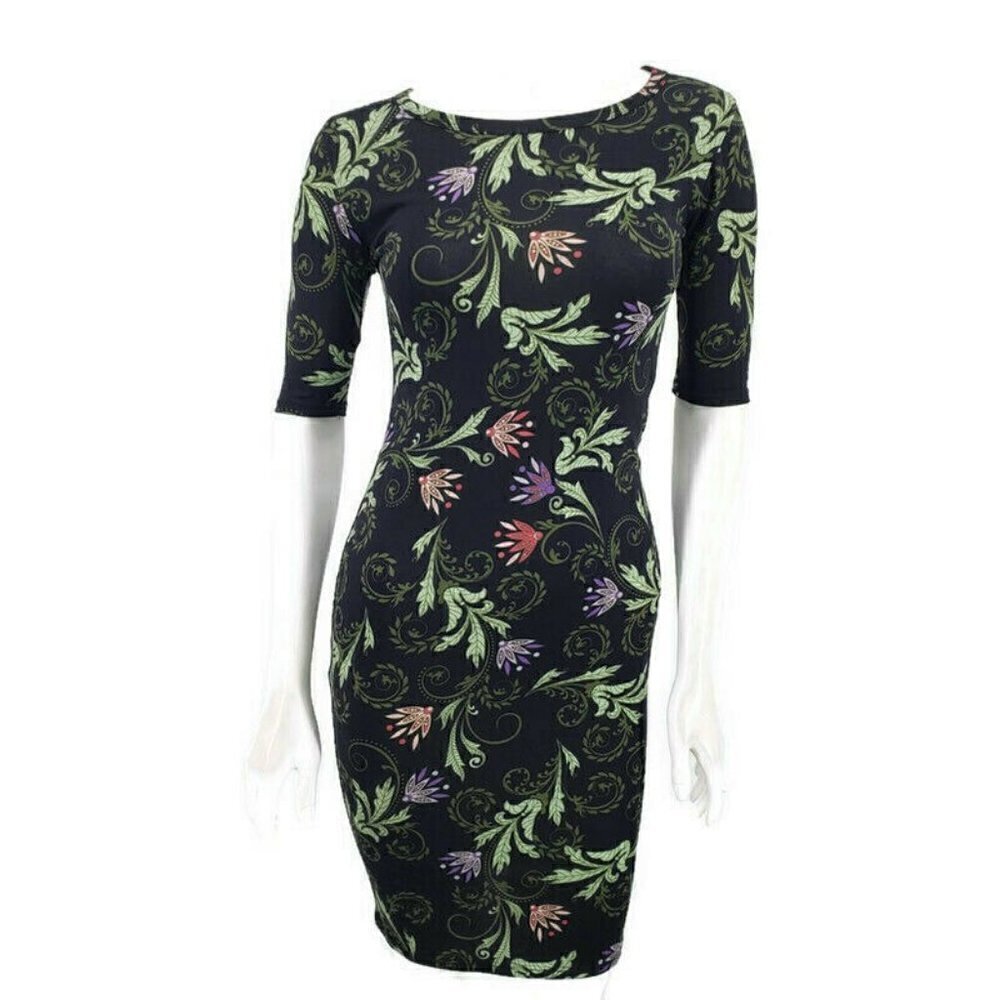 LuLaRoe Julia Dress Womens XXS Black Floral Leaves Vines
